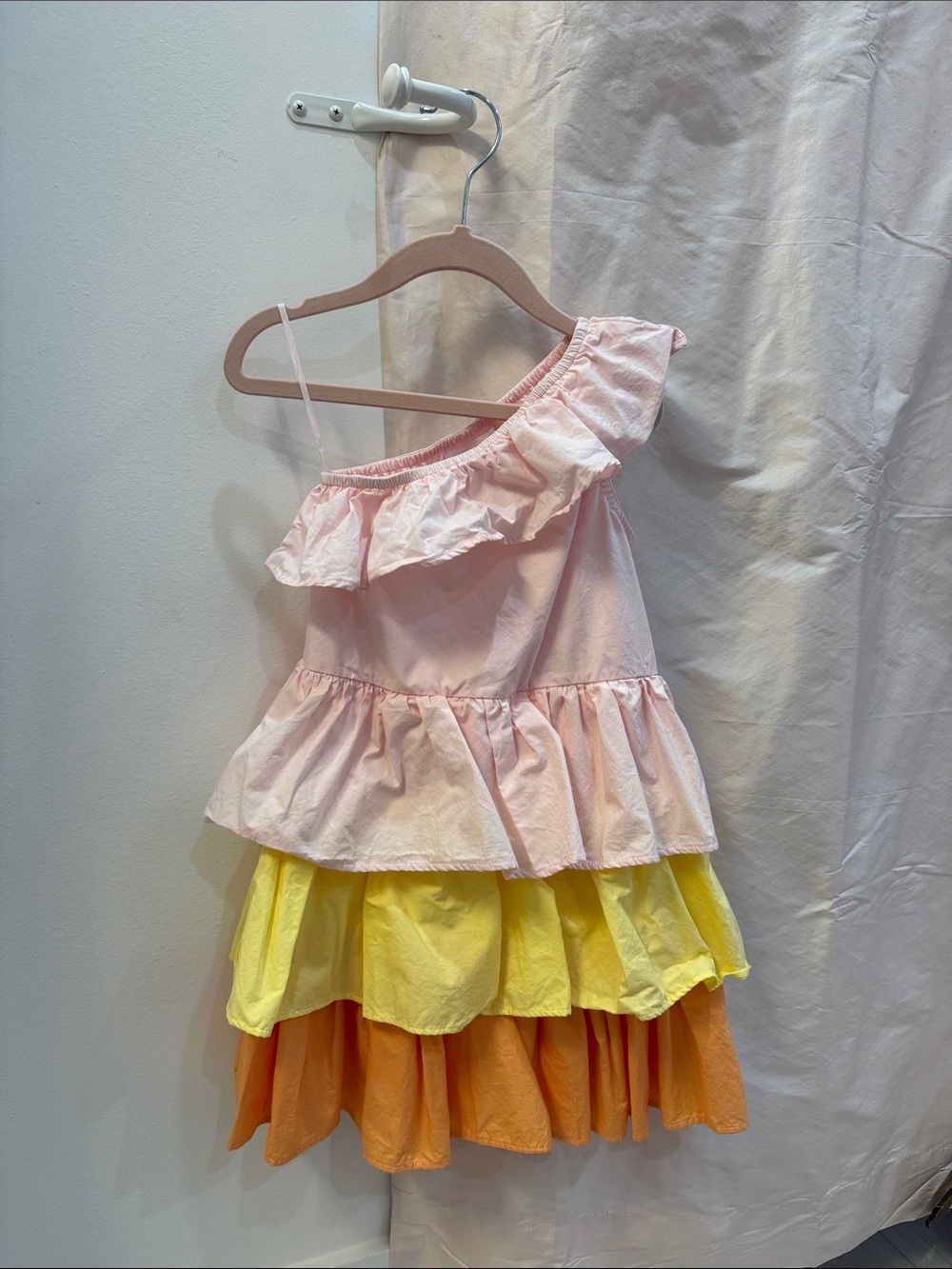 Molo Girls One-Shoulder Tiered Dress in Pink, Yellow & Orange